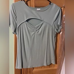 green t-shirt with an open front